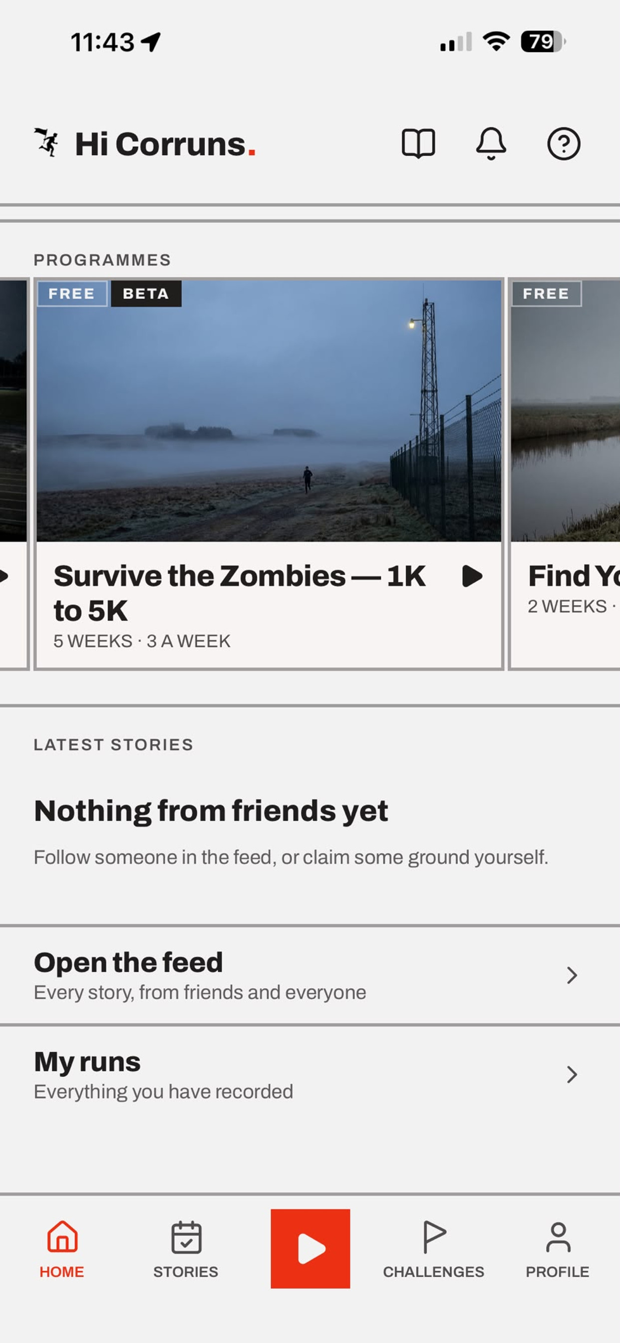 choose.the.run home screen with running programmes and stories