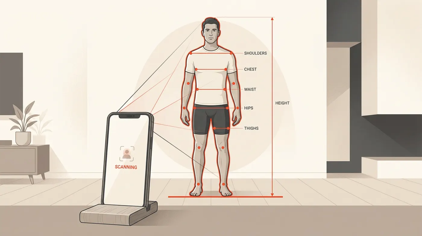 A phone propped upright on the floor measuring a person standing across the room, with measurement lines drawn at their shoulders, chest, waist, hips and thighs