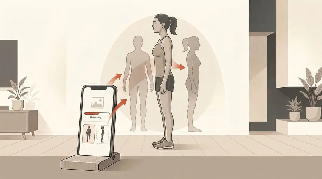 Illustration of a phone showing one front-view body photo and one side-view body photo ready to upload