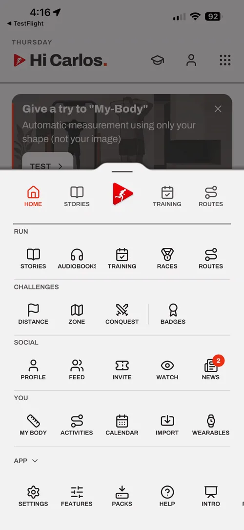 Choose The Run home screen — a real capture from the app, showing a season in progress above a row of other stories