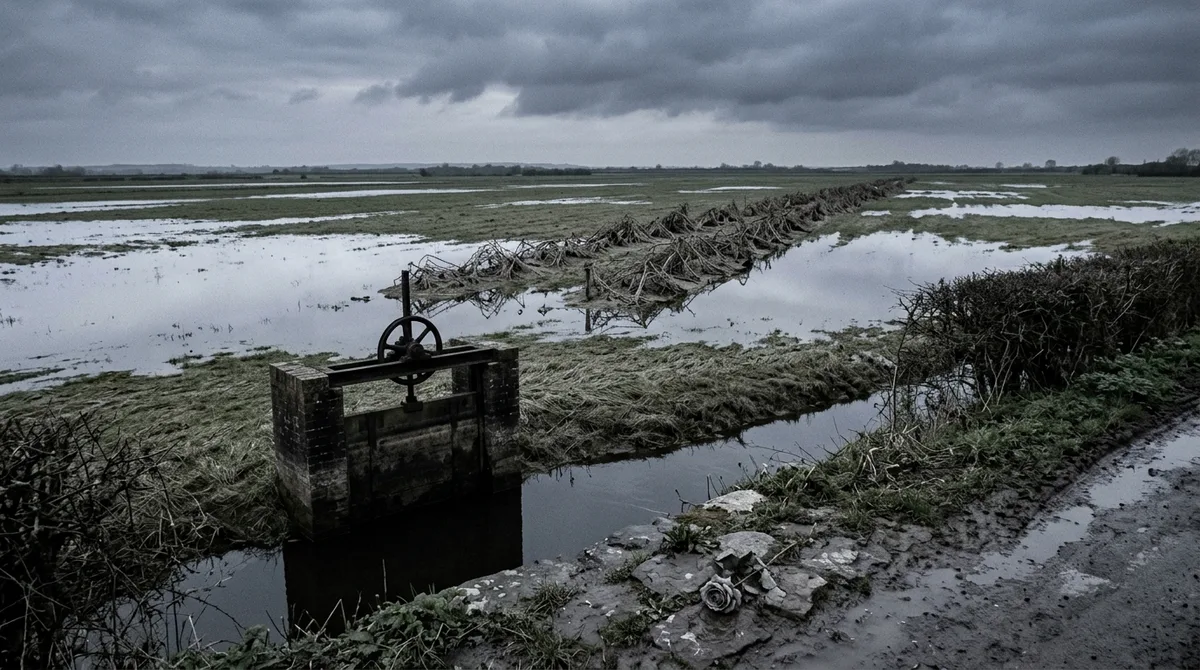 A flooded water meadow under a grey sky, a brick sluice with an iron winding wheel standing open in the channel, and a single grey rose lying on the wet lane in the foreground
