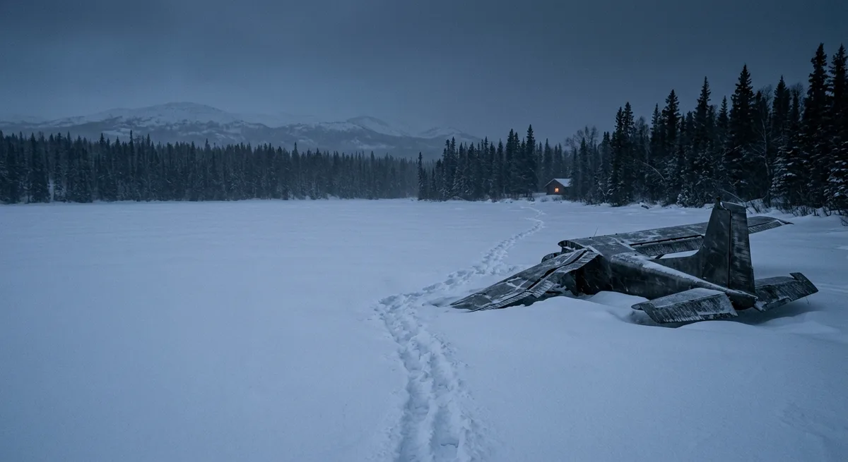A small crashed plane half-buried in a snowfield at dusk, a trail of footprints leading toward dark spruce trees, and one lit cabin window at the treeline