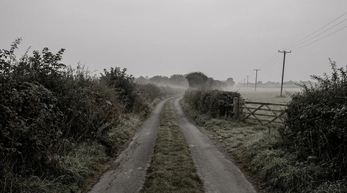 A narrow lane at first light with a stone gate ahead and frost on the verge